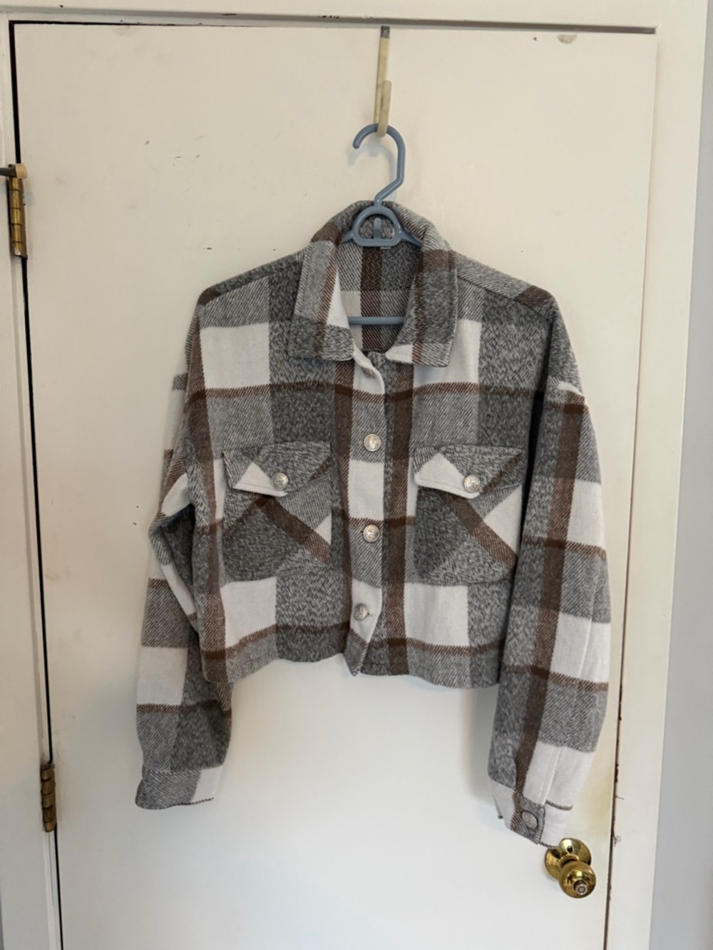 Cropped Plaid Shacket Jacket in Gray, White & Brown | Large